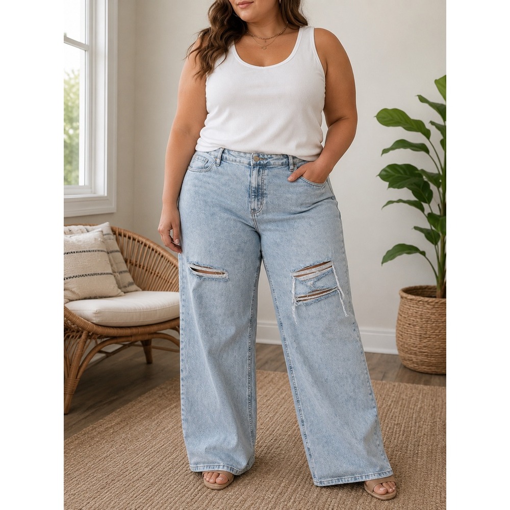 Fashion Nova Wide Leg Jeans Womens 14 Light Blue Distressed Acid Wash High Rise